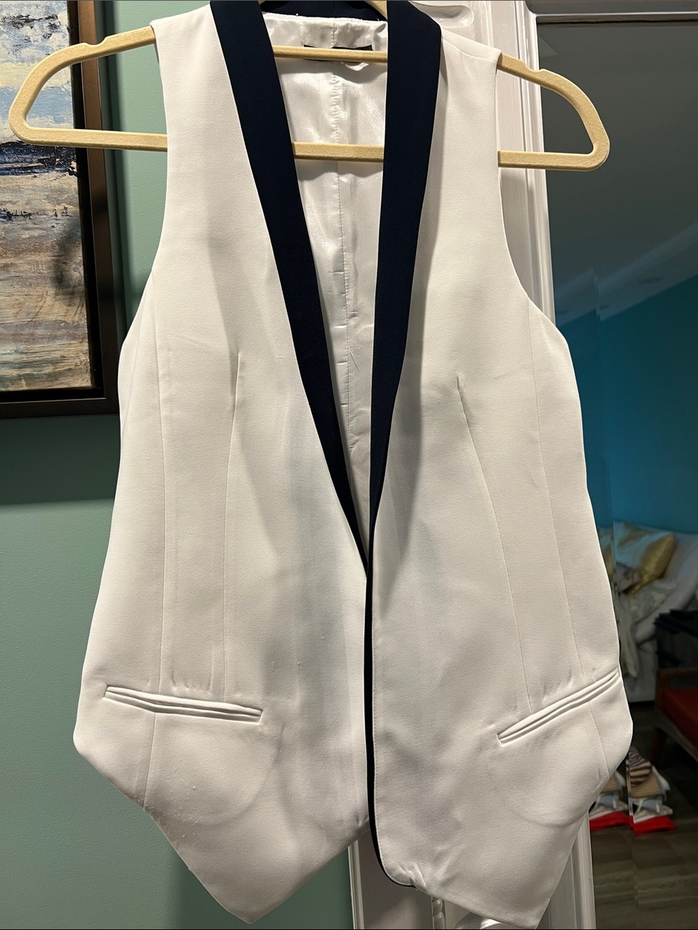 White & Navy Contrast Shawl Collar Mens Vest - Classic Formal Waistcoat